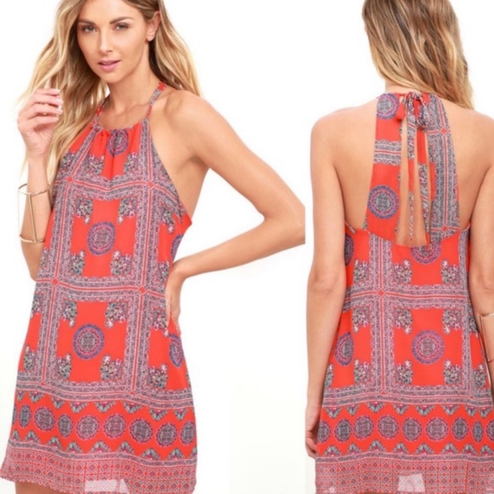 Lulus social philosophy coral red print paisley dress